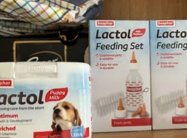 Lactol puppy milk, 2 feeding kits & umbilical clips unopened