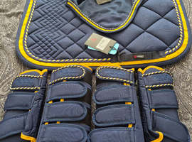 BN Catago Full Dressage Saddlecloth/Ears/Set of Training Boots Navy/Yellow Gold