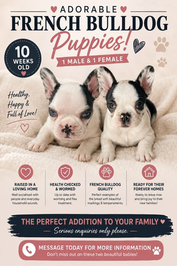 2 French bull dog puppies 1x male 1x female
