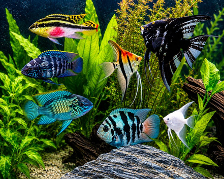 Electric Blue Acara, Angelfish, Polar Blue Parrots, Rainbow Kribs. Tropical Fish