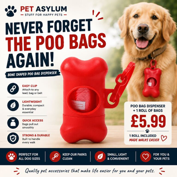 Dog Poo Bag Dispenser Bone Shape Holder Clip On with Waste Bags Red Pet Toy